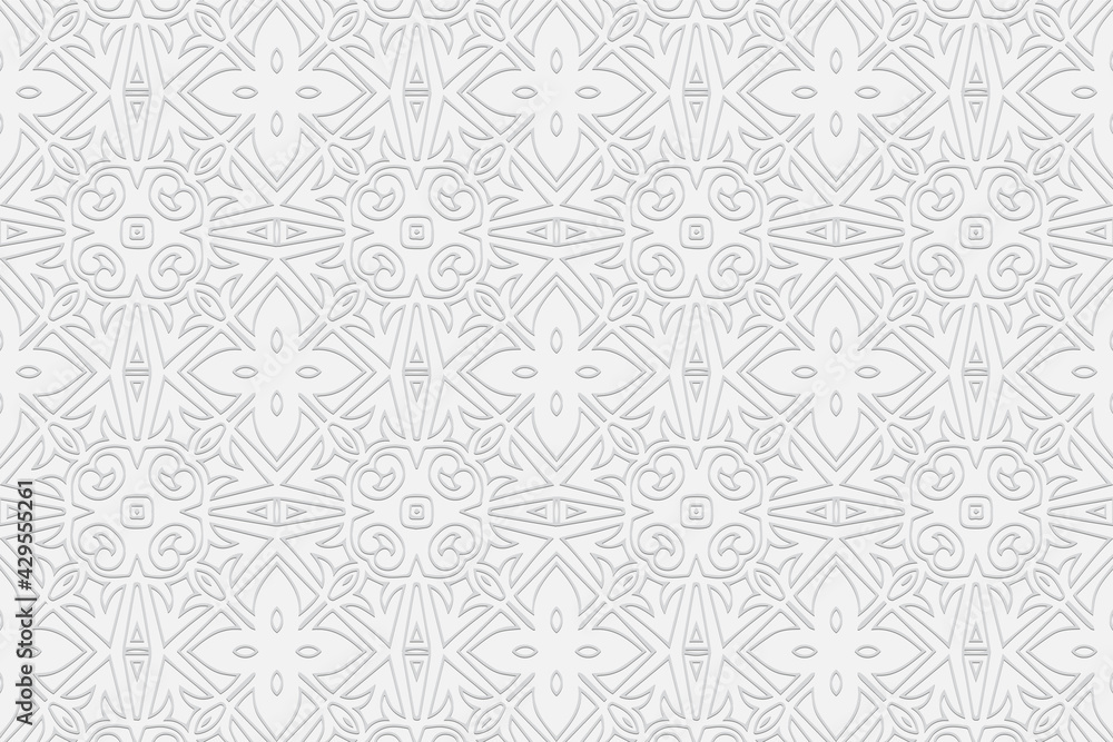 3d volumetric convex geometric white background. Ethnic relief figured original ornament based on traditional Islamic pattern. Design for presentations, websites, textiles, coloring.