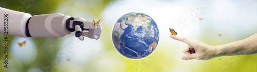 Planet Earth globe ball   Robot Hand and human hand  flying yellow butterfly on green sunny background. Saving environment  save clean planet  ecology concept. 3D Illustration.