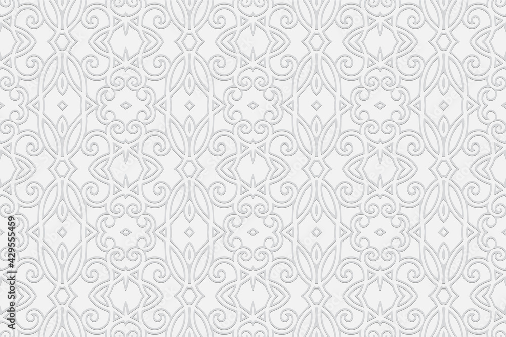 3d volumetric convex geometric white background. Ethnic embossed abstract decorative ornament based on traditional Islamic pattern Design for presentations, websites, textiles, coloring.