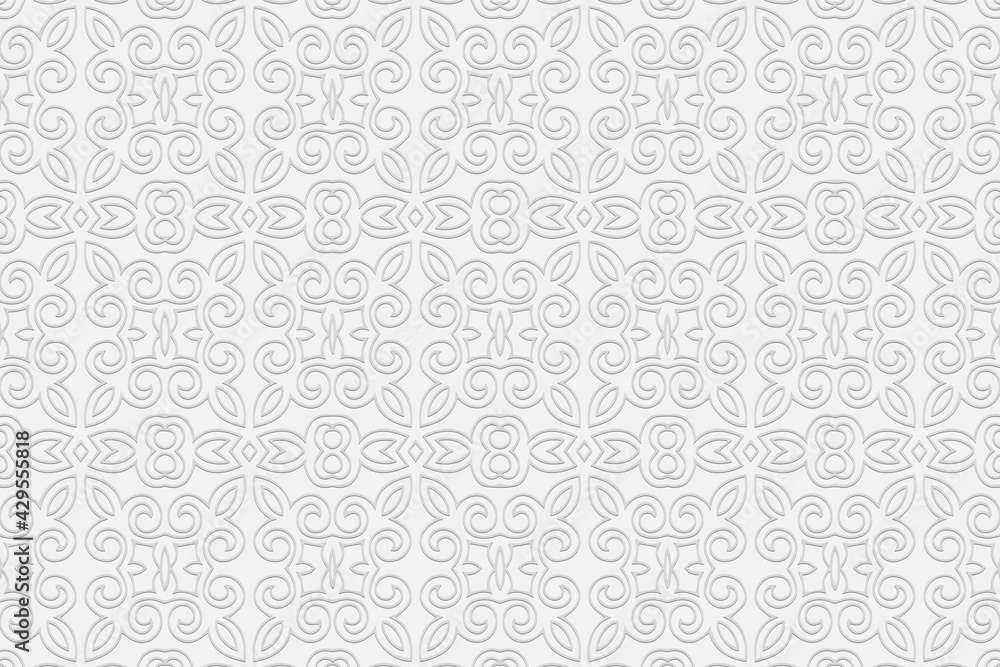 3d volumetric convex geometric white background. Ethnic embossed stylized folk ornament based on traditional Islamic patterns. Design for presentations, websites, textiles, coloring.
