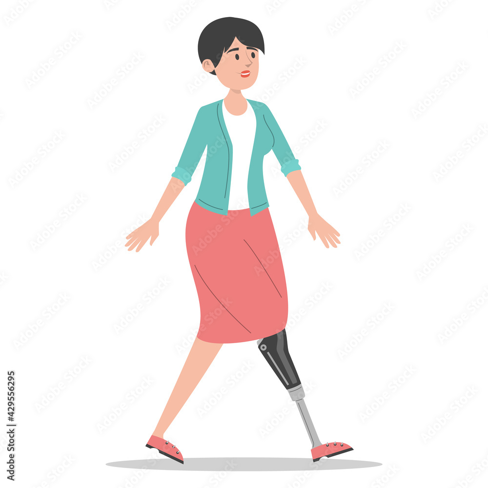 Happy young woman with prosthetic leg walking vector isolated. Illustration of young adult wearing a prosthesis. Handicapped person, female character with artificial limb. Happy young woman with prosthetic leg walking vector isolated. Illustration of young adult wearing a prosthesis. Handicapped person, female character with artificial limb.