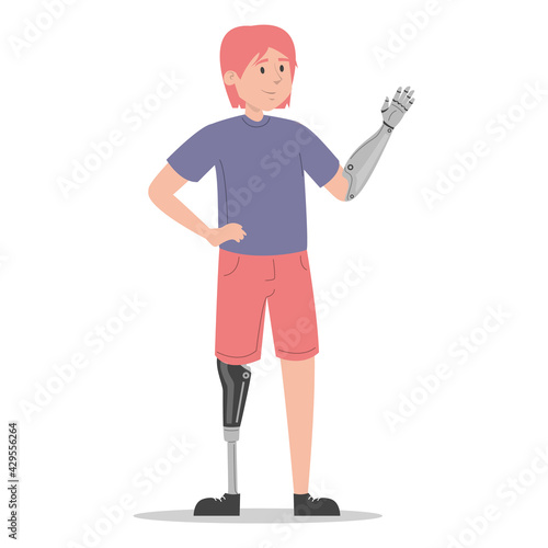 Happy young man with prosthetic leg and arm vector isolated. Illustration of young adult wearing a prosthesis. Handicapped person, male character with artificial limbs.