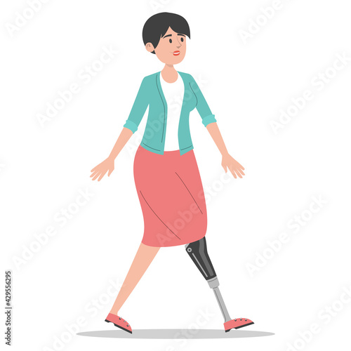 Happy young woman with prosthetic leg walking vector isolated. Illustration of young adult wearing a prosthesis. Handicapped person, female character with artificial limb.
