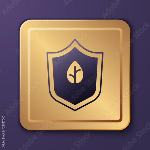 Purple Vegan food diet icon isolated Purple background. Organic, bio, eco symbol. Vegan, no meat, lactose free, healthy, fresh and nonviolent food. Gold square button. Vector