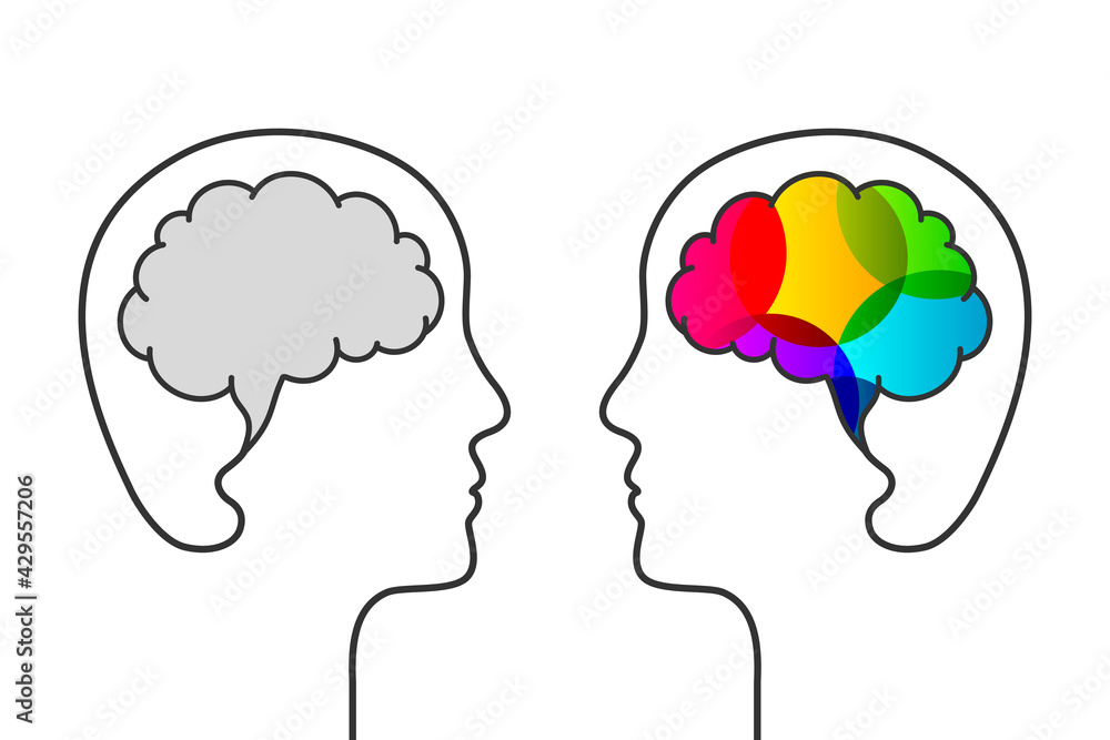 Creative thinking and creativity concept with head and colorful brain silhouette