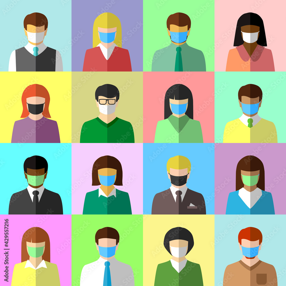 Collage of ethnically diverse people wearing face masks. Diversity, COVID-19, pandemic and face mask concept. Flat design, icon set. Collage of ethnically diverse people wearing face masks. Diversity, COVID-19, pandemic and face mask concept. Flat design, icon set.