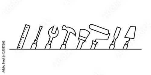 Tools in line art as building or repair concept. Tilted linear work tool icons isolated on white background.
