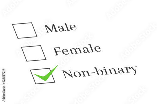 Non-binary concept with survey and check mark next to it. Gender, questionnaire and check box with thick. Choosing from options: male, female and non-binary. 