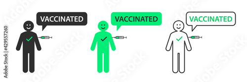 Stick figure smiling while getting vaccinated against coronavirus. COVID-19 pandemic and vaccination concept. Happy person getting the vaccine from a syringe or injection.