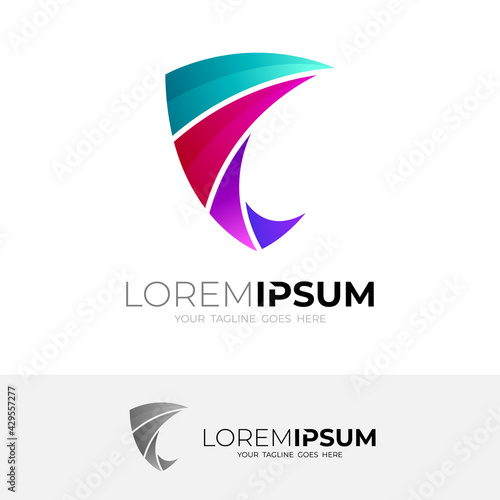 Shield logo and letter F icon colorful, 3d style logos