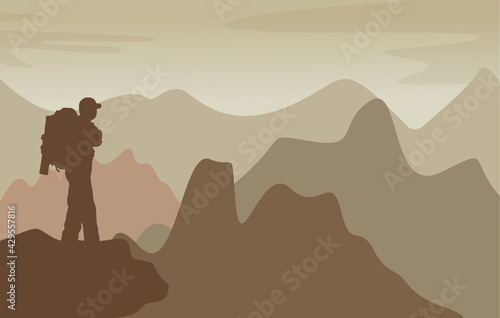 the illustration shows a tourist walking in the mountains. the work is made in monochrome colors. suitable for website design