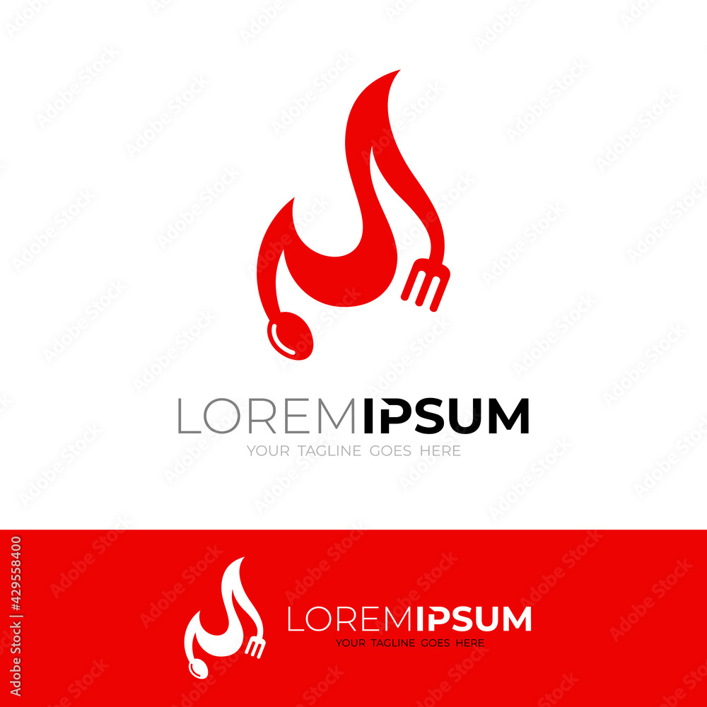 Red fire logo with spoon and fork icon combination Red fire logo with spoon and fork icon combination