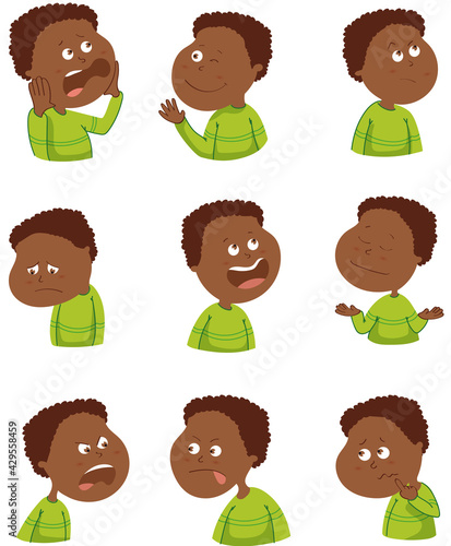 Illustration de petit garçon africain visages montrant différentes émotions. Dessin vectoriel