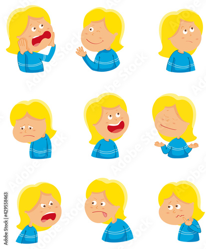 Illustration de petite fille visages montrant différentes émotions. Dessin vectoriel