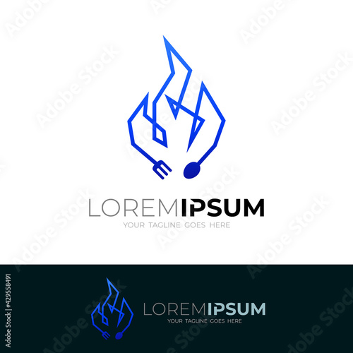 Restaurant logo with fire design vector, line style logo template