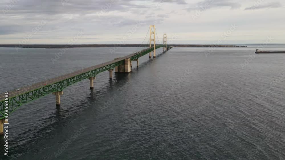 4k drone time lapse video of freighter passing by Mackinac Bridge in Michigan. 4k drone time lapse video of freighter passing by Mackinac Bridge in Michigan.