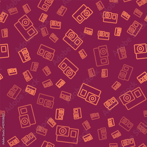Brown line Action extreme camera icon isolated seamless pattern on red background. Video camera equipment for filming extreme sports. Vector