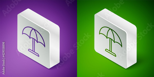 Isometric line Sun protective umbrella for beach icon isolated on purple and green background. Large parasol for outdoor space. Beach umbrella. Silver square button. Vector