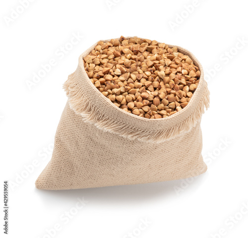 small bag with buckwheat isolated on white
