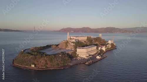 Aerial drone view landmark attraction Alcatraz island San Francisco coastline historic famous place