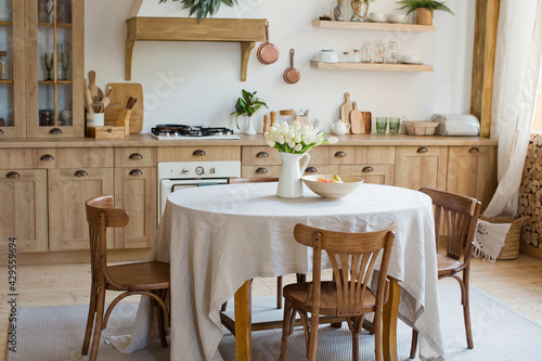 Light wooden kitchen interior, wooden furniture