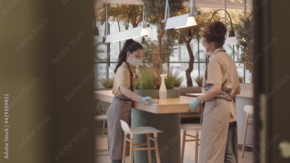 Medium-long of two diverse female waiters wearing medical masks and gloves, disinfecting cafe table in plant-filled restaurant Medium-long of two diverse female waiters wearing medical masks and gloves, disinfecting cafe table in plant-filled restaurant
