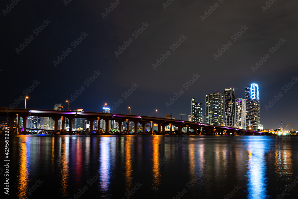 Miami night downtown, city Florida. Miami Florida, sunset panorama with colorful illuminated business and residential buildings and bridge on Biscayne Bay.