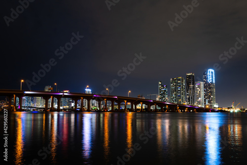 Miami night downtown, city Florida. Miami Florida, sunset panorama with colorful illuminated business and residential buildings and bridge on Biscayne Bay. © Volodymyr