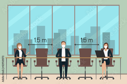 Safe distance 1,5 meters in office. Quarantine. Vector illustration.