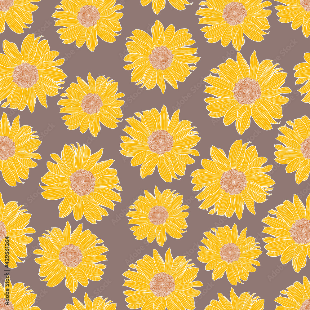Vector seamless pattern of yellow sunflowers with white outline on taupe background. Decorative print for wallpaper, wrapping, textile, fashion fabric or other printable covers. Vector seamless pattern of yellow sunflowers with white outline on taupe background. Decorative print for wallpaper, wrapping, textile, fashion fabric or other printable covers.