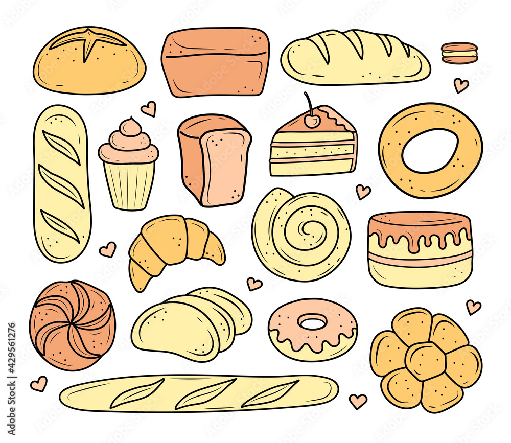 bakery products drawn in the style of doodle. black and white bread, cake, monchik, croissant. vector illustration on a white background. bakery products drawn in the style of doodle. black and white bread, cake, monchik, croissant. vector illustration on a white background.