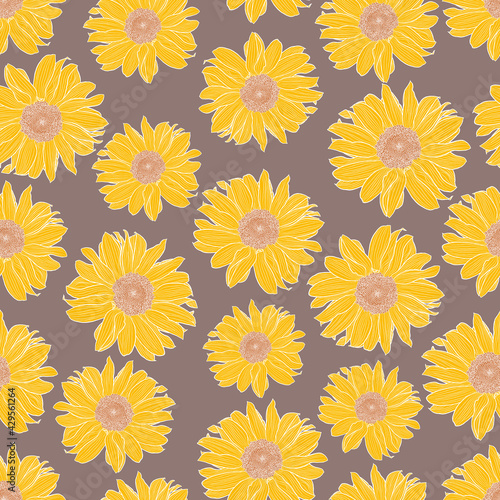 Vector seamless pattern of yellow sunflowers with white outline on taupe background. Decorative print for wallpaper, wrapping, textile, fashion fabric or other printable covers.