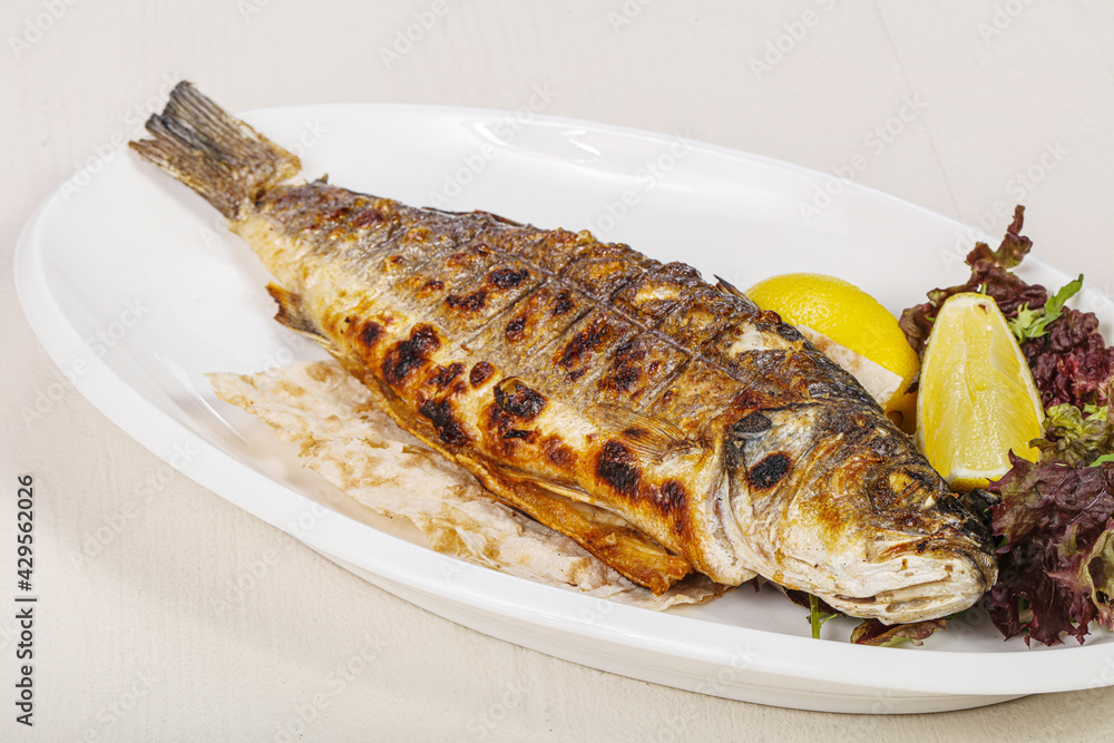 Grilled seabass fish served lemon Grilled seabass fish served lemon