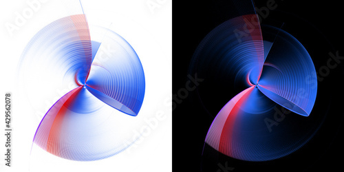 Abstract blue, transparent propeller with red stripes rotates on white and black backgrounds. Graphic design elements set. Logo, sign, icon, symbol. 3d rendering. 3d illustration.