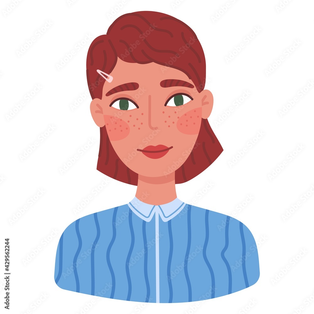 Portrait of cute happy young woman. Avatar of smiling redhead girl with short hair. Flat cartoon vector illustration. Portrait of cute happy young woman. Avatar of smiling redhead girl with short hair. Flat cartoon vector illustration.