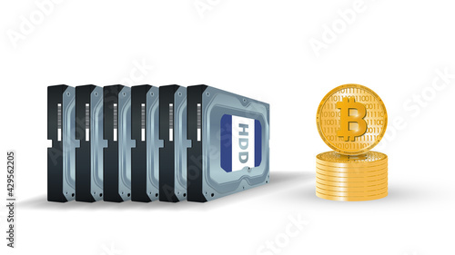 Hard disk with coins of cryptocurrency bitcoin on a white background. Mining on HDD, ssd. The concept of mining currency Burst. Blockchain. Realistic 3d vector