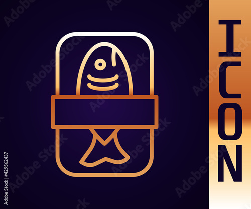 Gold line Fish plastic tray container with cellophane cover icon isolated on black background. Vector