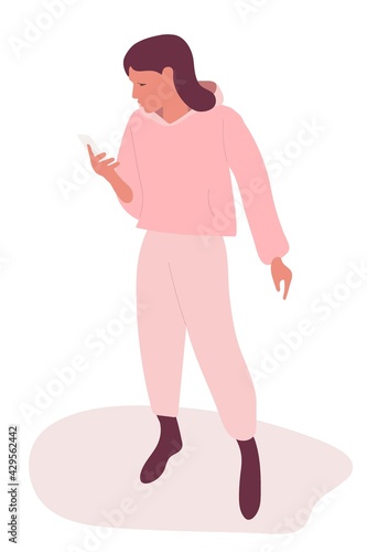 Girl with mobile phone. Young woman looks at phone. Flat vector illuctration. Female in pink casual clothes. Cute girl holding cellphone. Smartphone or Internet Addiction. Negotiations, Social Media