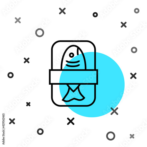 Black line Fish plastic tray container with cellophane cover icon isolated on white background. Random dynamic shapes. Vector