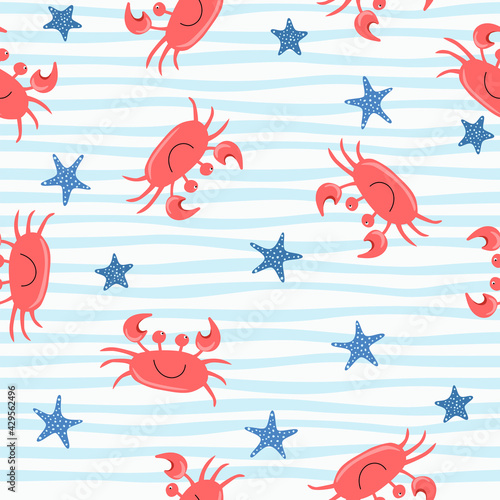 Seamless cute crab pattern, cartoon hand drawn animal doodles vector illustration background.