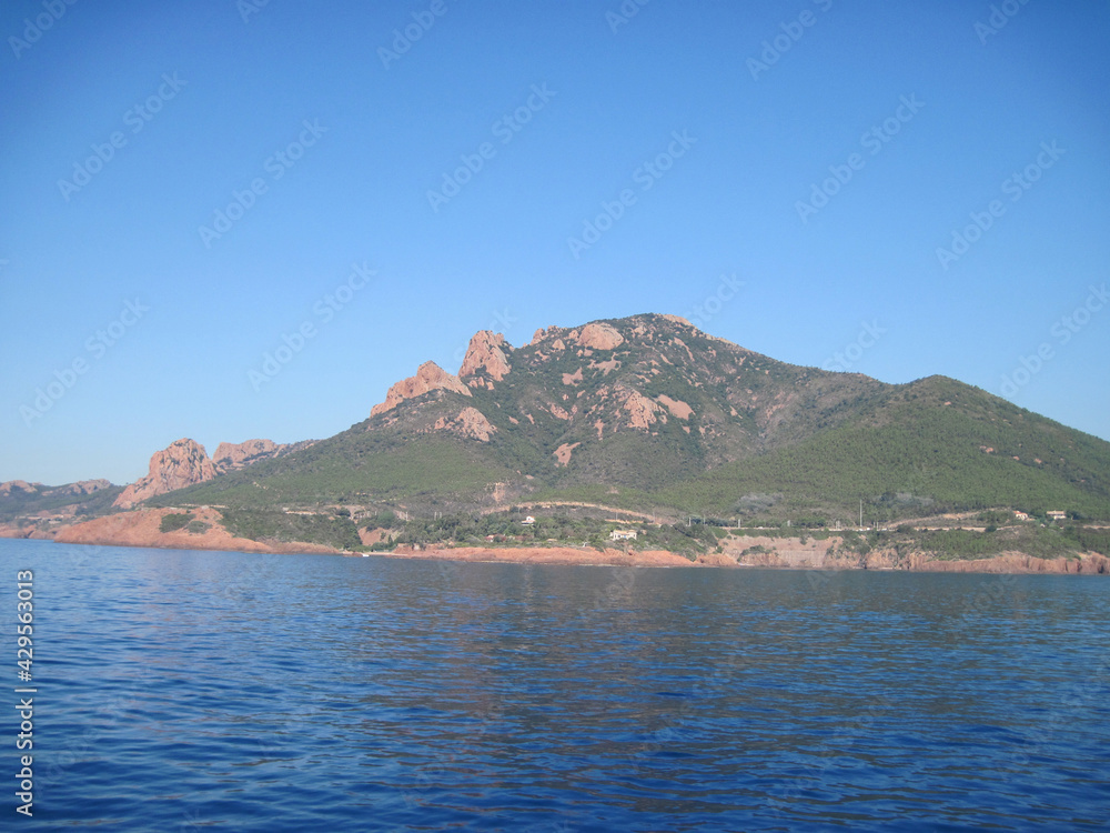 Scenic panoramic landscape of the town of the sea country in the morning. Beautiful view of the sea and mountains. Seascape with coast of island. Skyline view from yacht in the sea.