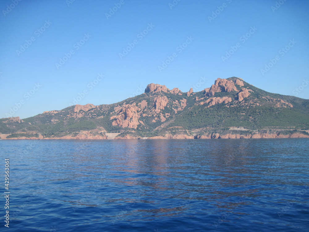 Scenic panoramic landscape of the town of the sea country in the morning. Beautiful view of the sea and mountains. Seascape with coast of island. Skyline view from yacht in the sea.
