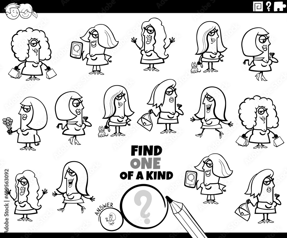 Fototapeta premium one of a kind game with cartoon women coloring book page