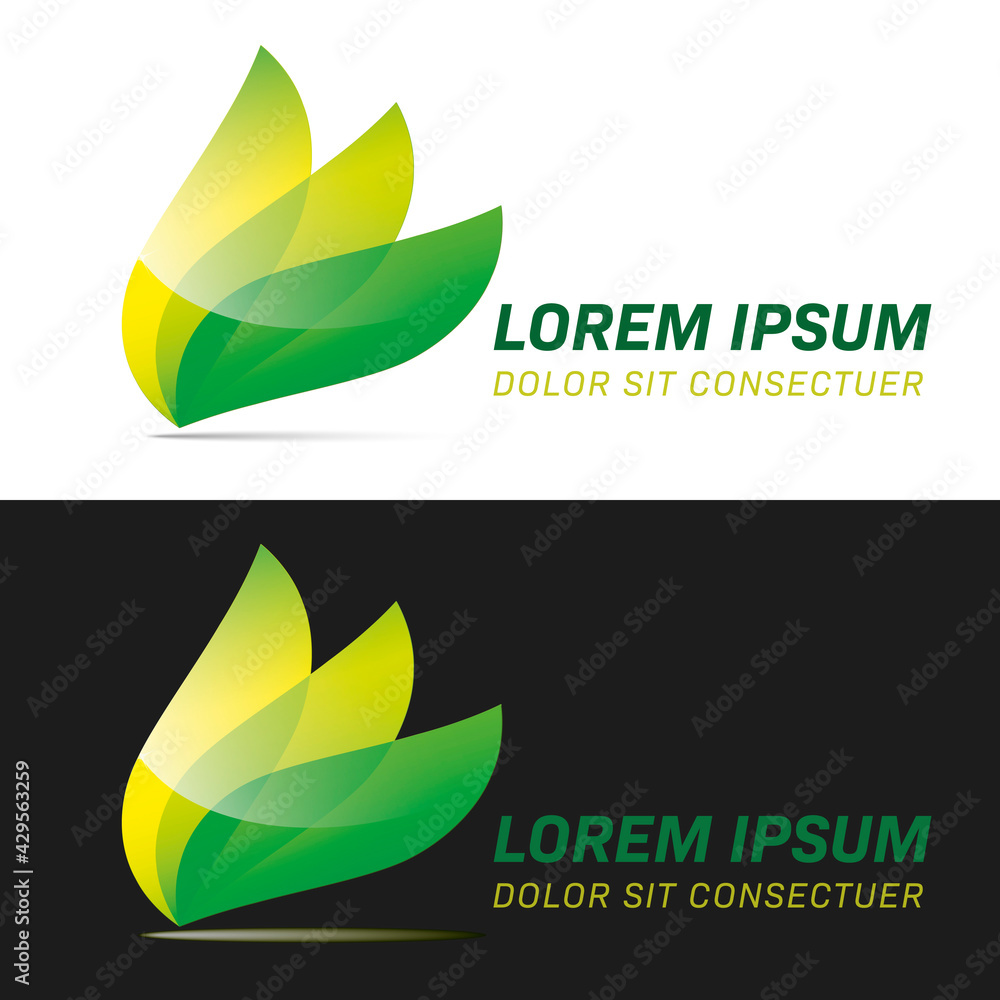 Glossy logo with three superimposed leaf shapes template vector illustration. Plants, landscaping, gardening or organic ingredients business conceptual symbol. Glossy logo with three superimposed leaf shapes template vector illustration. Plants, landscaping, gardening or organic ingredients business conceptual symbol.
