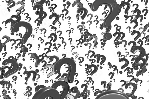 Many 3D question mark symbols, black, drop, on white background.
