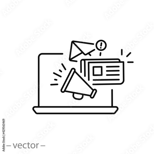 news content icon, share media latest, social personal blog, latest information, megaphone announce, thin line symbol on white background - editable stroke vector eps10