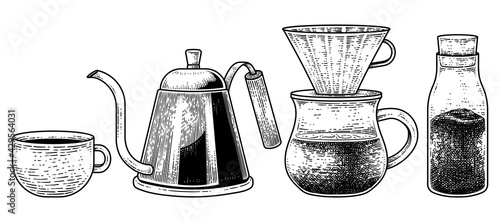 Sketch vector set of coffee maker tools. A cup of coffee, Drip Kettle, Dripper Pour-over and Instant Coffee Bottle Hand drawn illustration