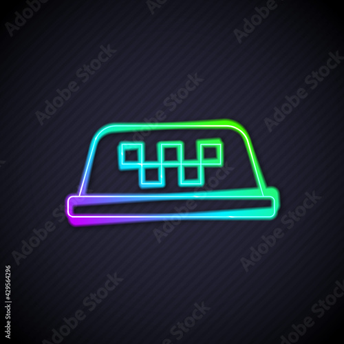 Glowing neon line Taxi car roof icon isolated on black background. Vector
