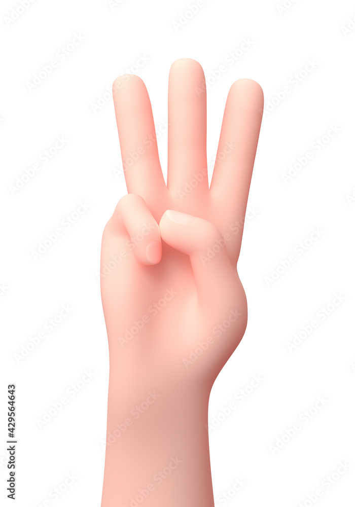 Three Fingers Raised Hand. 3D Cartoon Character. Isolated on White Three Fingers Raised Hand. 3D Cartoon Character. Isolated on White