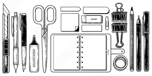Vintage Stationery elements Collection Hand drawn Sketch Illustration. Notebook,Post it,Paper clip,Scissors,Pencil,Pen,Rubber,Tape,Highlighter pen and Cutter Vector